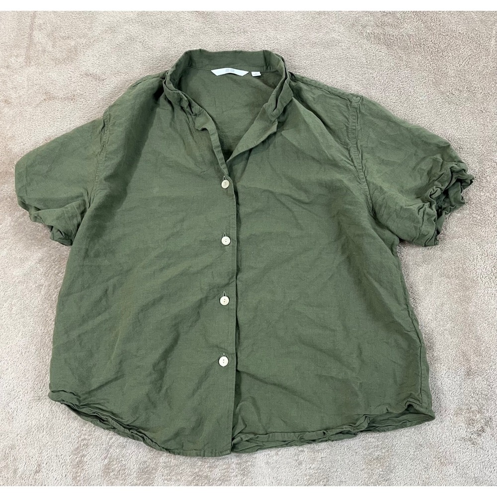 Uniqlo Linen Blend Open Collar Shirt Women's Small Green Boxy Relaxed S/S EUC